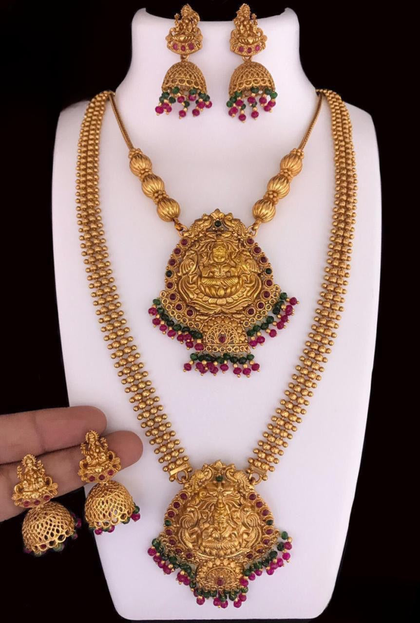Simple Trendy Temple Jewelry -Matte Finish Lakshmi design Chain Necklace Set with Earrings