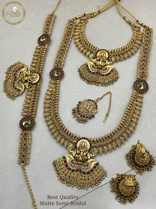 Trending Temple Jewelry Matte Finish Semi Bridal Necklace Combo Set with Earrings, Tikka and Hipbelt