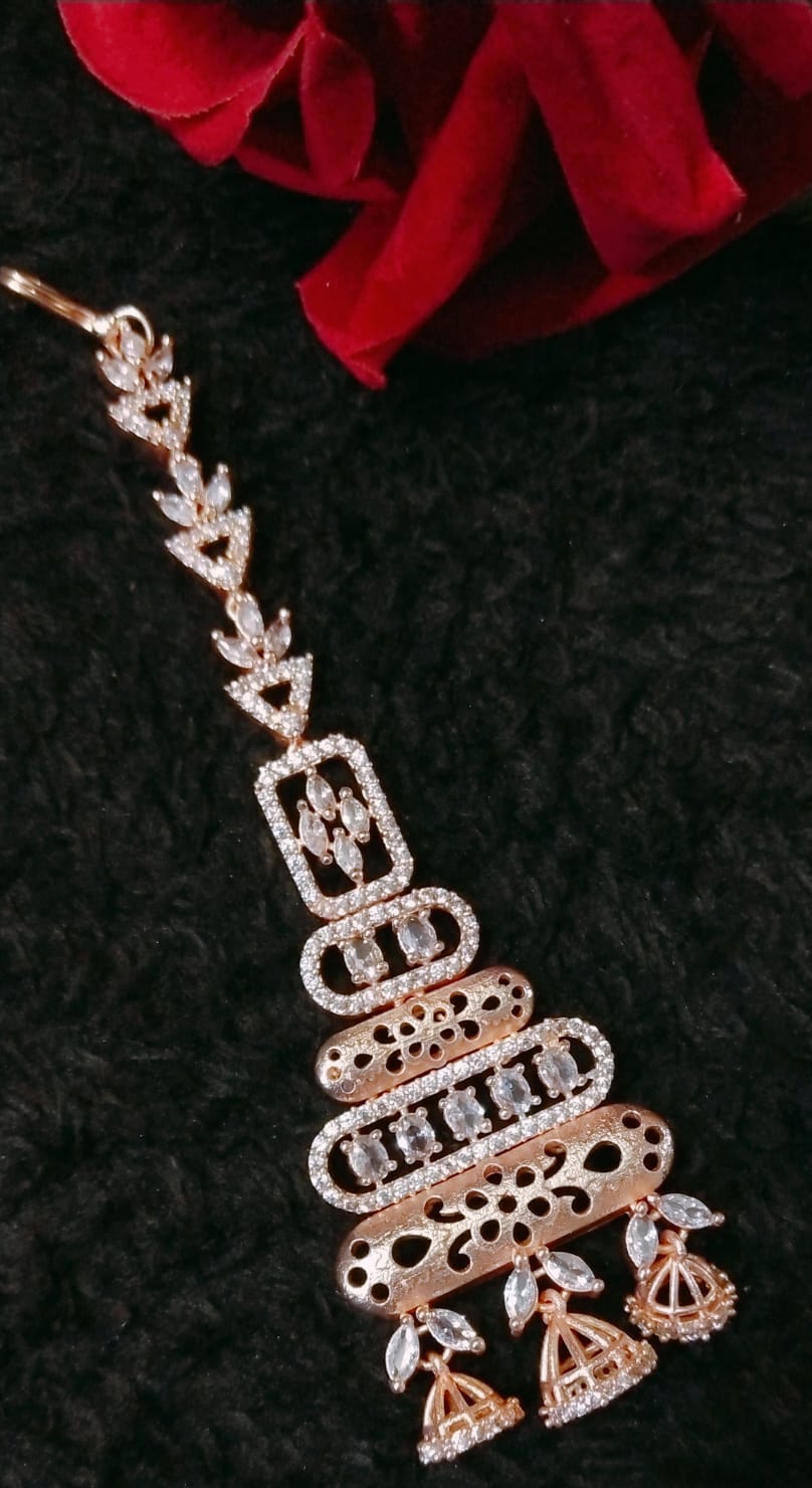 Beautiful White Rhodium Finish Cz Stone Maang Tikkas- RoseGold