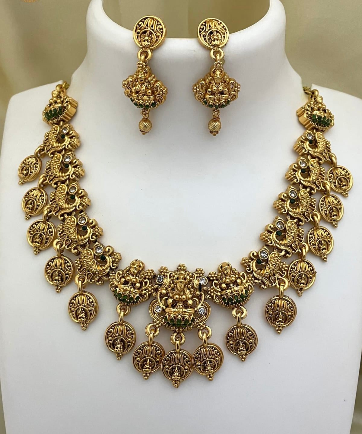 New Peacock Design Matte Finish Lakshmi Coin Necklace Set with Earrings