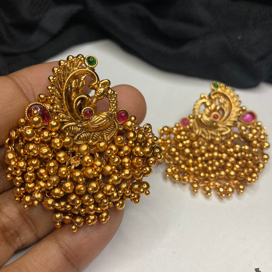 Elegant Handmade Matte Finish Beads Guttapusalu Stud Earrings-Classy Peacock Earrings- Gold