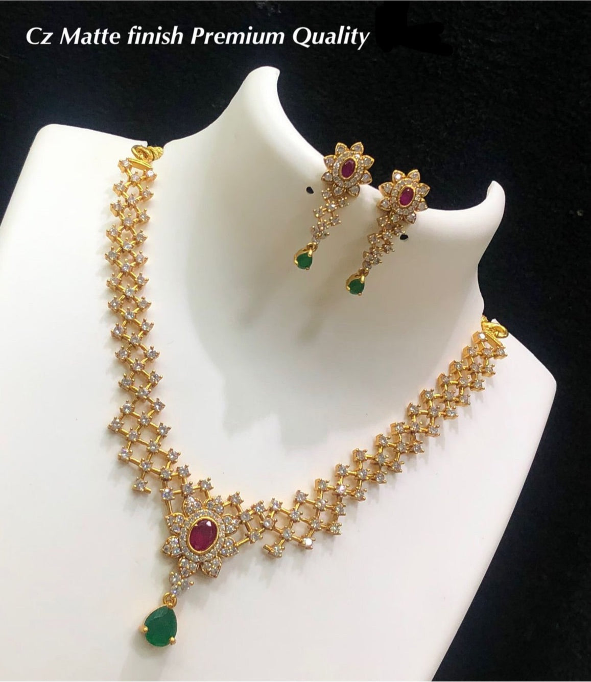 Latest Design Matte Cz Stone Necklace Set with Earrings