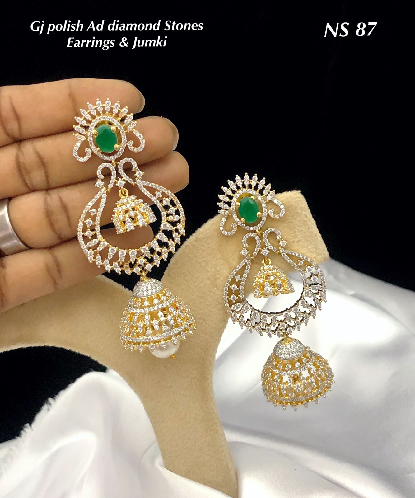 Super-cute Classy Cz stone GJ polish Chandbali Jhumkas 2- Green