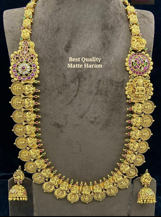 Trendy Matte Temple Jewelry Lakshmi Haram Long Necklace Set with Earrings