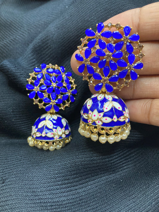 Zuccii Exclusive-Pretty, Stylish Fashion Jewelry Meenakari Jhumkas- Blue Earrings