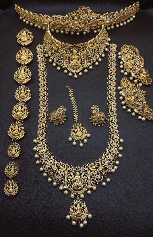 Premium quality Temple Jewelry CZ Stone Bridal Set Haram Necklace Set with Earrings Lakshmi Design