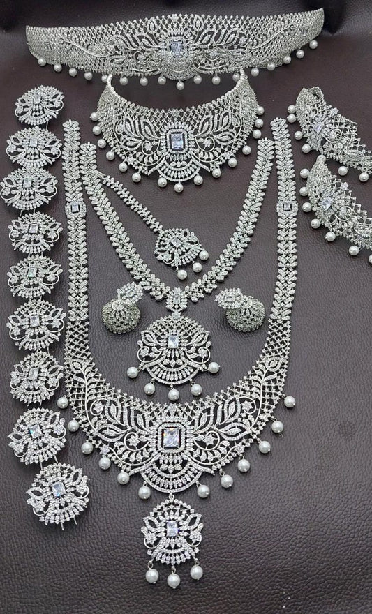 Exclusive Premium Quality CZ stone Full Bridal Set Haram Necklace Set with Earrings  and Tikka - White