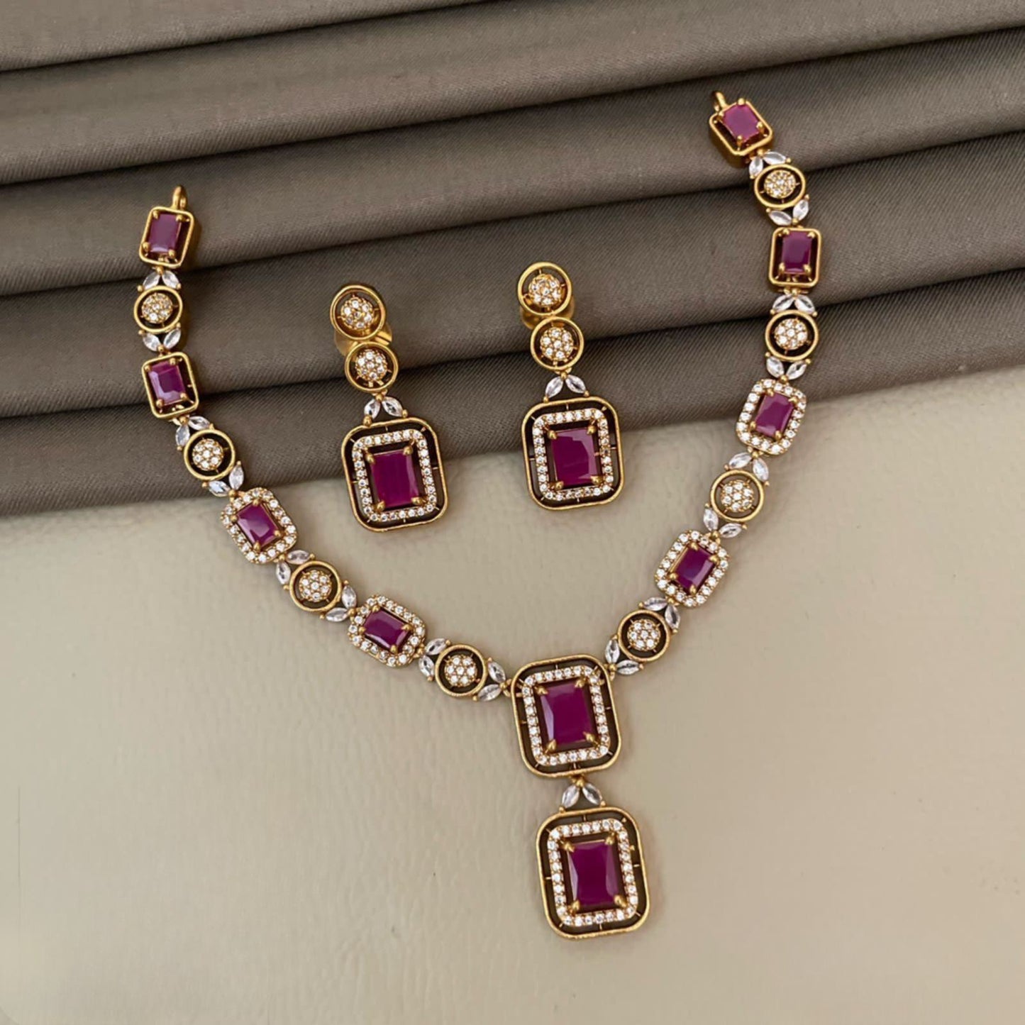 Exquisitely Designed American Diamond Stone Necklace Set with Earrings