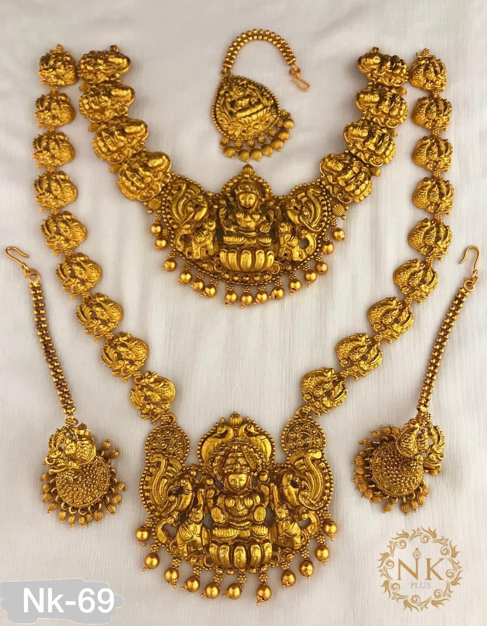 Trendy Matte Finish Temple Jewelry Haram Necklace Set with Jhumkas and Tikka