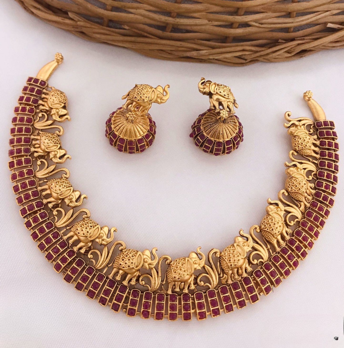 Cute Elephant Design Matte Necklace Set with Jhumkas Earrings