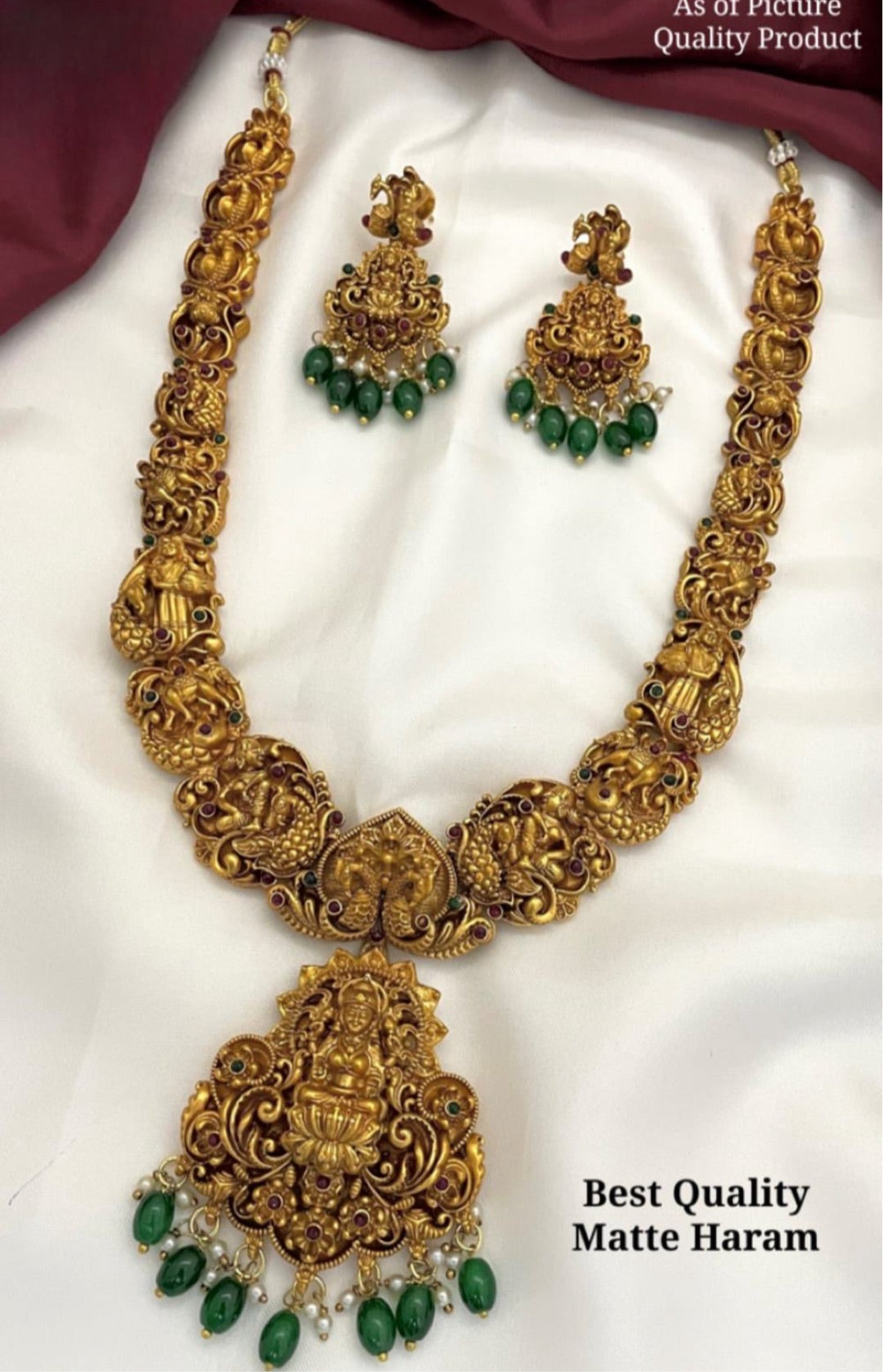 Traditional Naga Temple Jewelry Matte Finish Long Necklace Set with Jhumkas