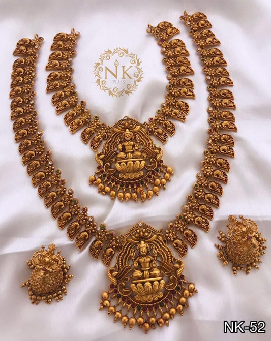 Designer Temple Jewelry Haram Necklace Set with Jhumkas Combo Lakshmi Design