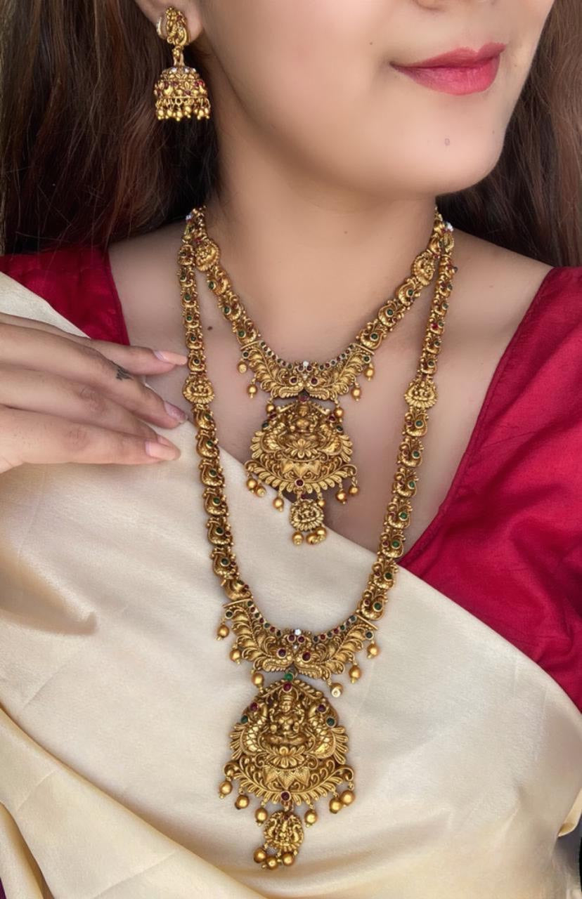 Designer Antique Matte Temple Jewelry Haram Necklace Set with Jhumkas Combo Lakshmi Design