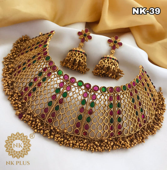 New arrivals Partywear Choker Necklace set with Jhumkas- Red and Green with Gold beads