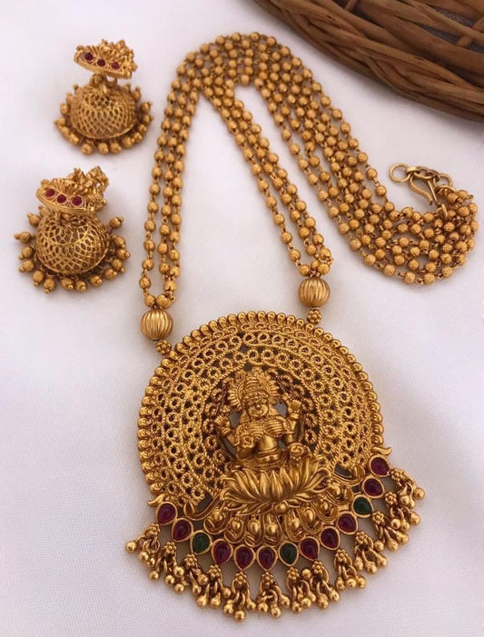 Trendy Matte Finish Lakshmi design Temple Jewelry 3Line Chain Necklace Set with Jhumka Earrings