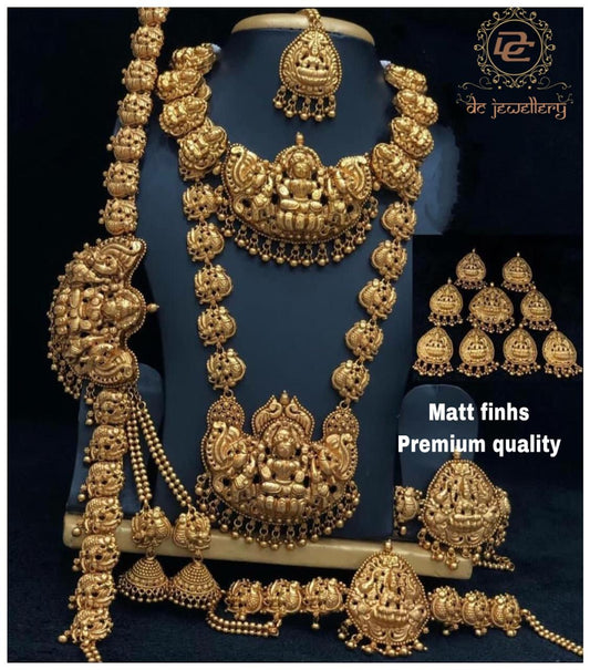 Matte Finish Temple Jewelry Full Bridal Set Haram Necklace Set with Earrings Lakshmi Design
