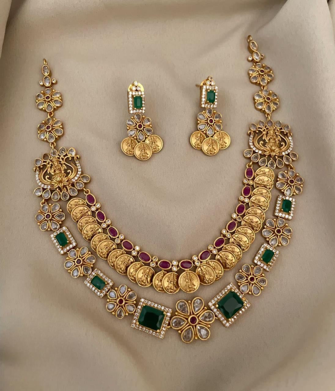 Exquisite Designer Temple Jewelry Coin Necklace Set with Earrings Lakshmi Design-Red and Green