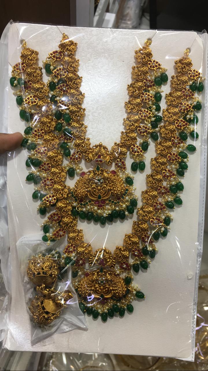 Designer Temple Jewelry Haram Necklace Set with Jhumkas Combo- Lakshmi Design- Green