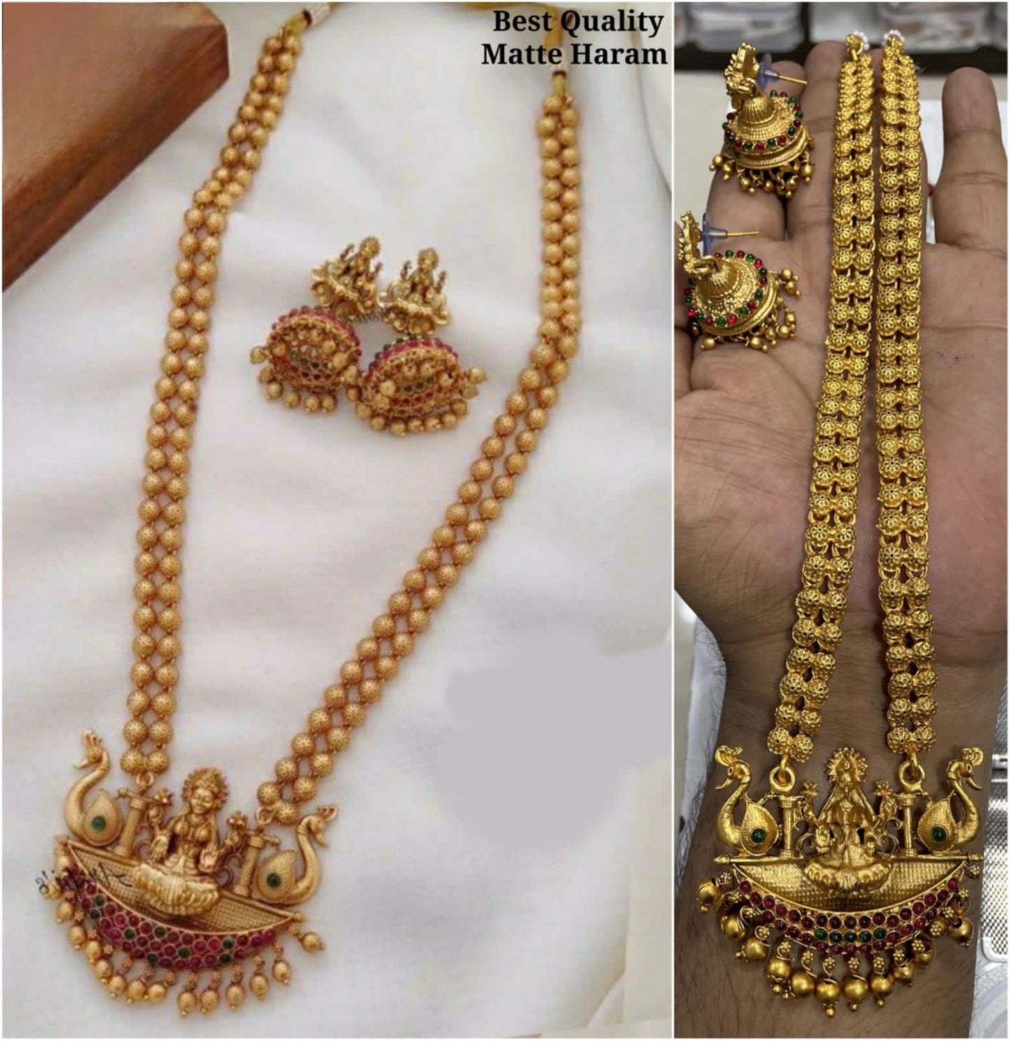 Trendy Matte Temple Jewelry Lakshmi Haram Long Chain Necklace Set with Earrings