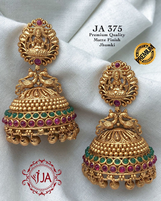Matte Finish Jhumkas -Classy Temple Jewelry Lakshmi Earrings -Red Green