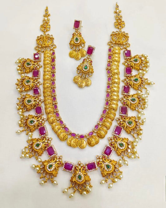Designer Temple Jewelry Matte Gold Polish Haram Necklace Set with Earrings - Lakshmi Design