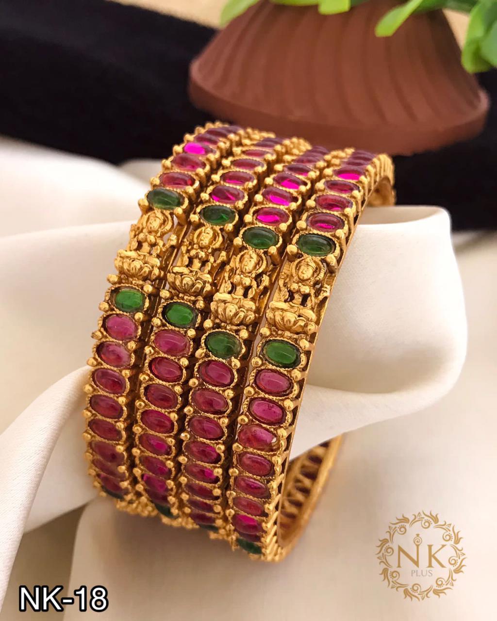Designer Wear Kemp Matte Finish Lakshmi Bangles set of 4, Party Wear- Temple Jewelry