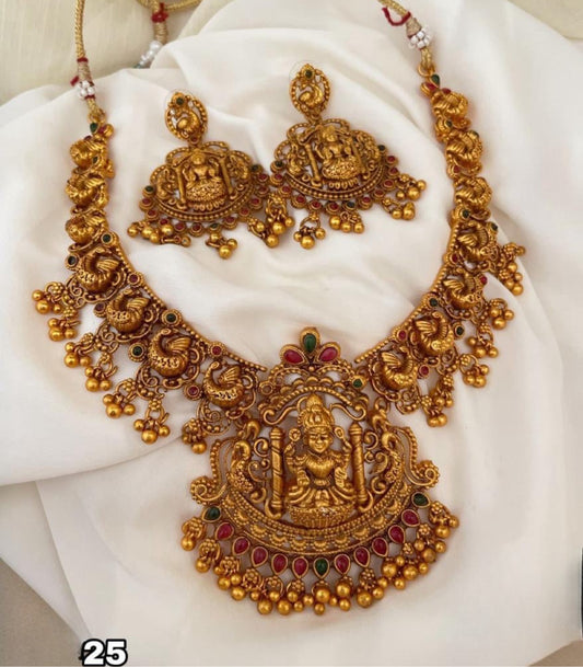 Traditional Temple Jewelry Matte Finish Lakshmi Necklace Set with Earrings