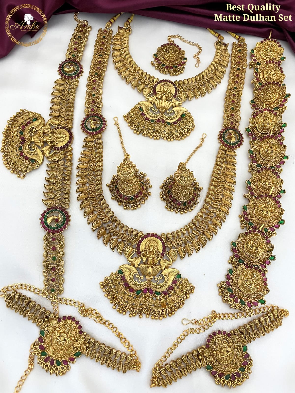 Latest Temple Jewelry Matte Full Bridal Set Haram Necklace Set with Earrings -Lakshmi Design