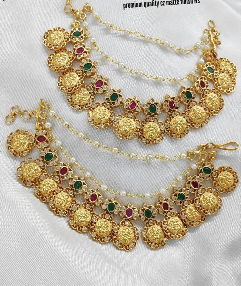 Grand Bridal Earchains for Earrings- Lakshmi Coin Design Maatal- Temple Jewelry Chempaswaralu