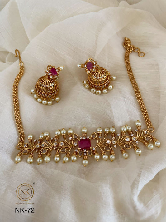 Cute and chick Matte finish Cz Stone mini choker Necklace with Jhumkas