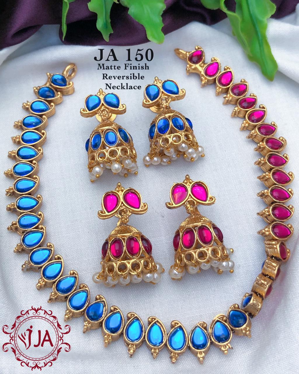 Two in 1 Reversible Matte Finish Necklace with 2 pairs of Jhumkas- Pink, Blue