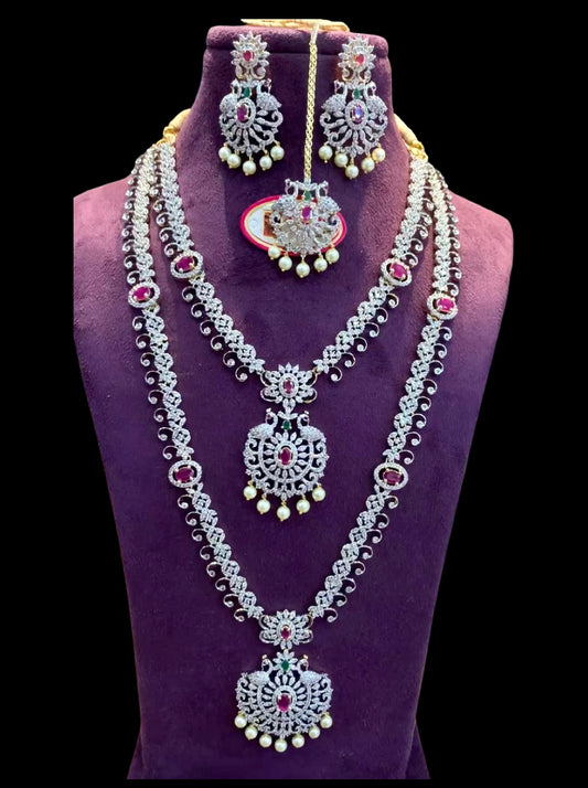 Semibridal CZ Stone Silver Polish Set Haram Necklace Set with Earrings and Tikka