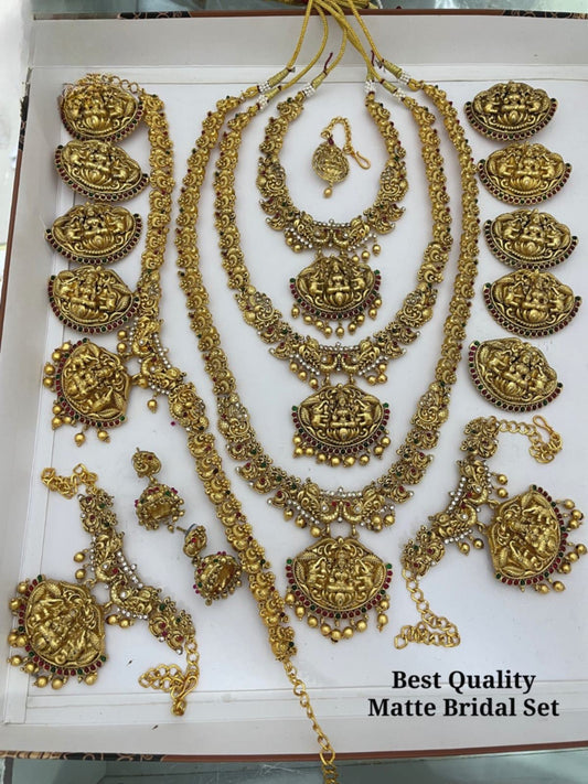 Bestseller Matte Finish Temple Jewelry Full Bridal Set Haram Necklace Set with Earrings Lakshmi Design