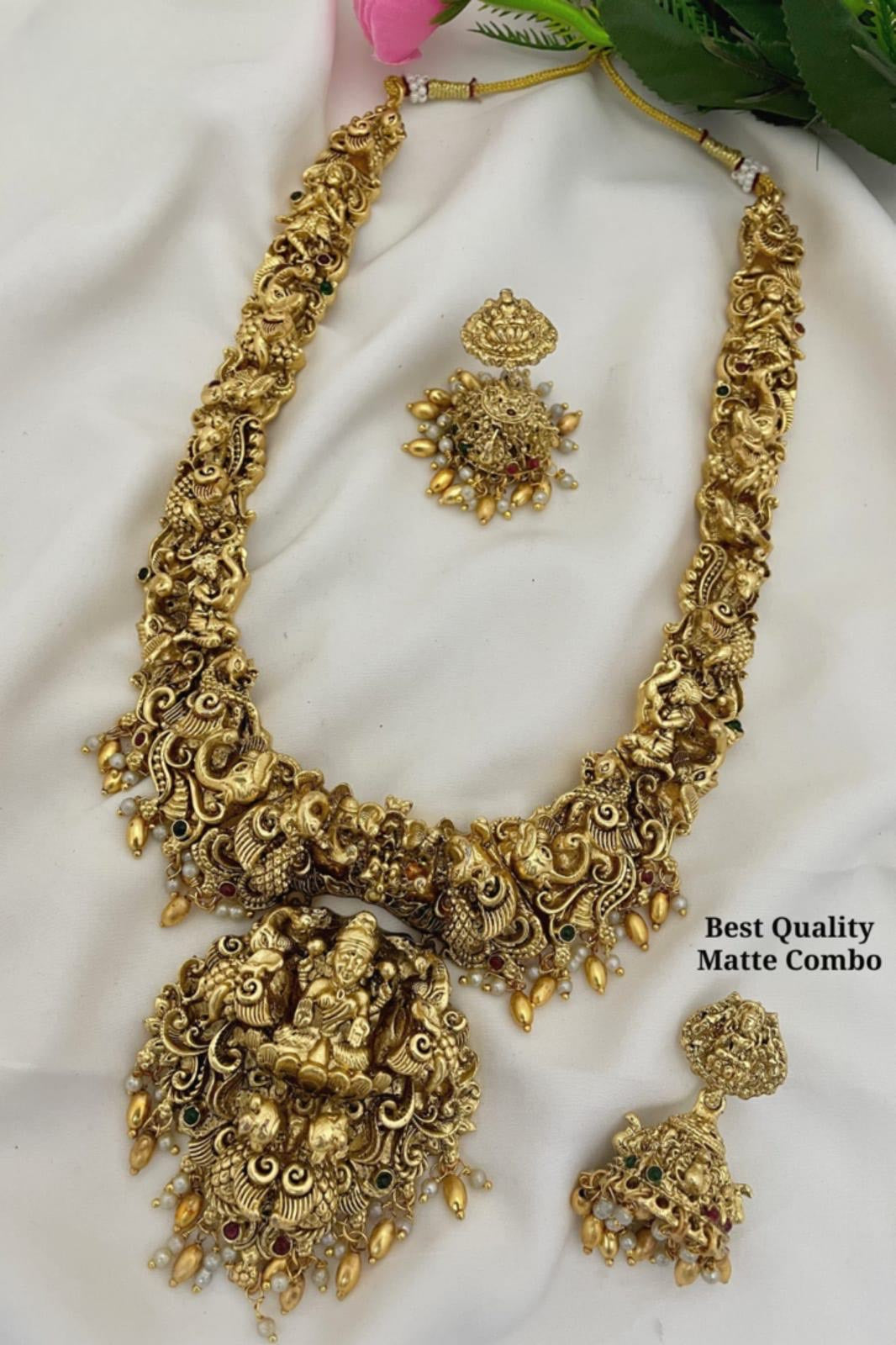 Traditional Nagas jewelry -Temple Jewelry Matte Finish Long Necklace Set with Jhumkas