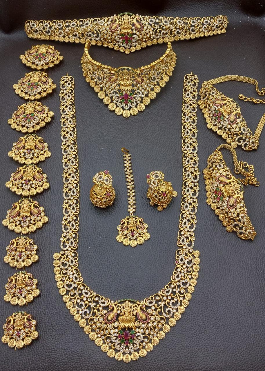 Premium quality Temple Jewelry CZ Stone Bridal Set Haram Necklace Set with Earrings Lakshmi Coin Design