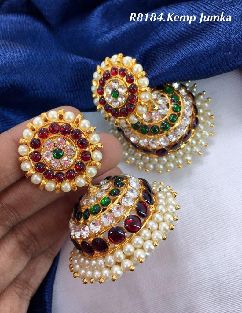 Cute Kemp Stone Jhumkas with American Diamond Stone -Earrings