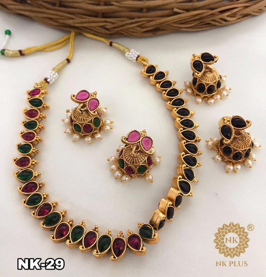 Two in 1 Reversible Matte Finish Necklace with 2 pairs of Jhumkas- Black, Multi