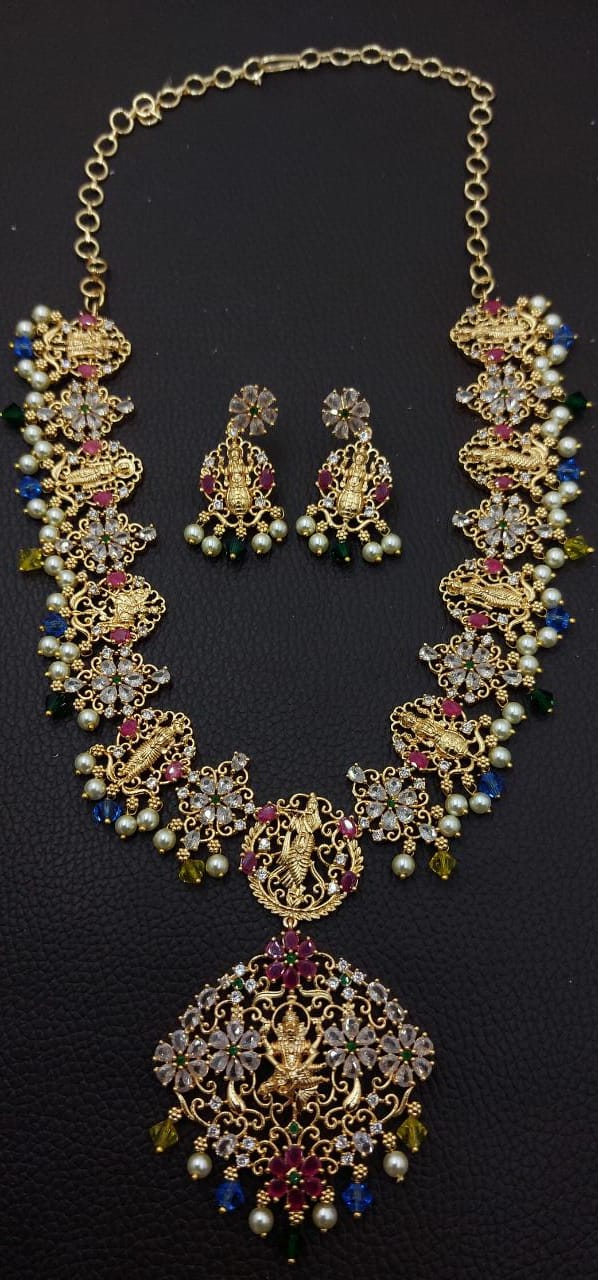 New Dhasavatar Temple Jewelry -American Diamond Stone Necklace Set with Earrings- Matte Finish- Blue