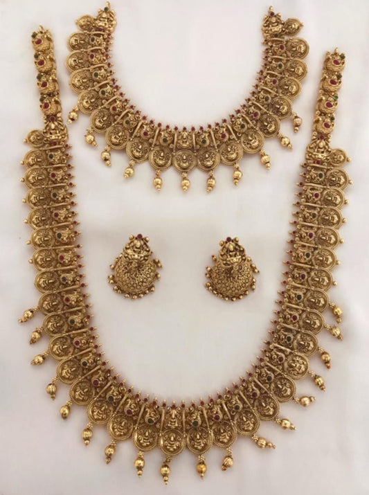 Traditional Temple Jewelry Coin Haram Long Necklace Set with Earrings -Lakshmi Design Kasumala