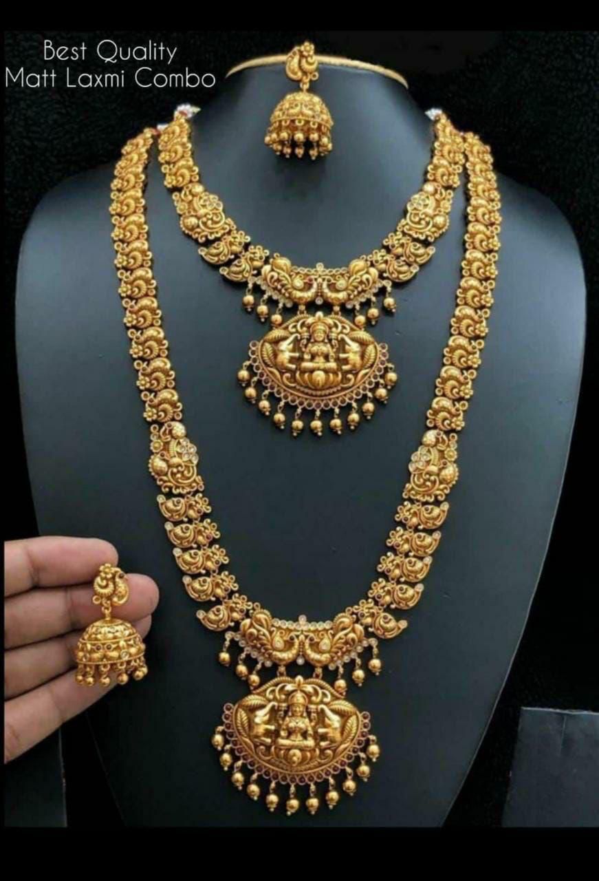 Exquisitely Designed Temple Jewelry Lakshmi Haram Necklace Set with Jhumkas