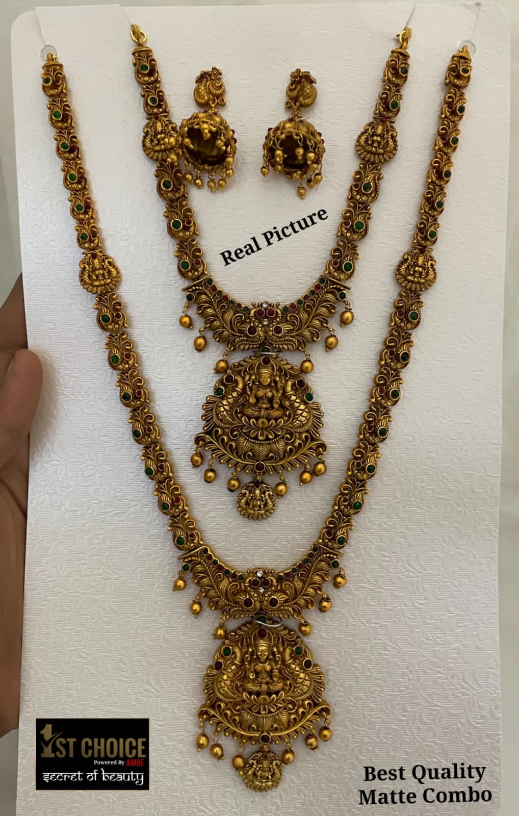Designer Antique Matte Temple Jewelry Haram Necklace Set with Jhumkas Combo Lakshmi Design